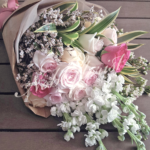 roses matthiola hand bouquet flower