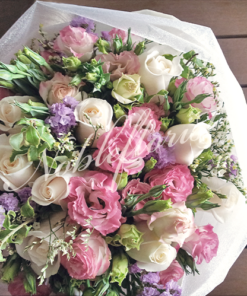 hand bouquet ivory roses and pink eustomas singapore